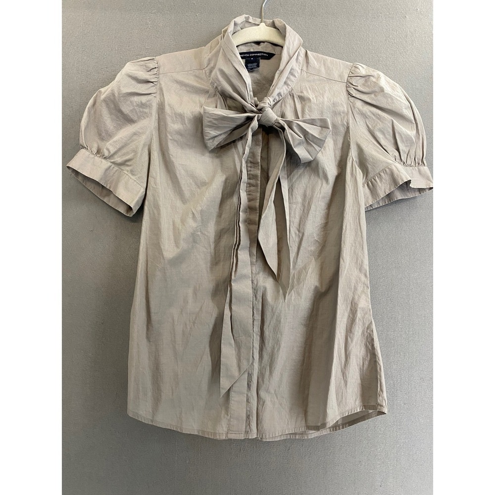 French Connection Taupe Gray Cotton Bow Puff Sleeve Blouse Victorian Top Size 4
